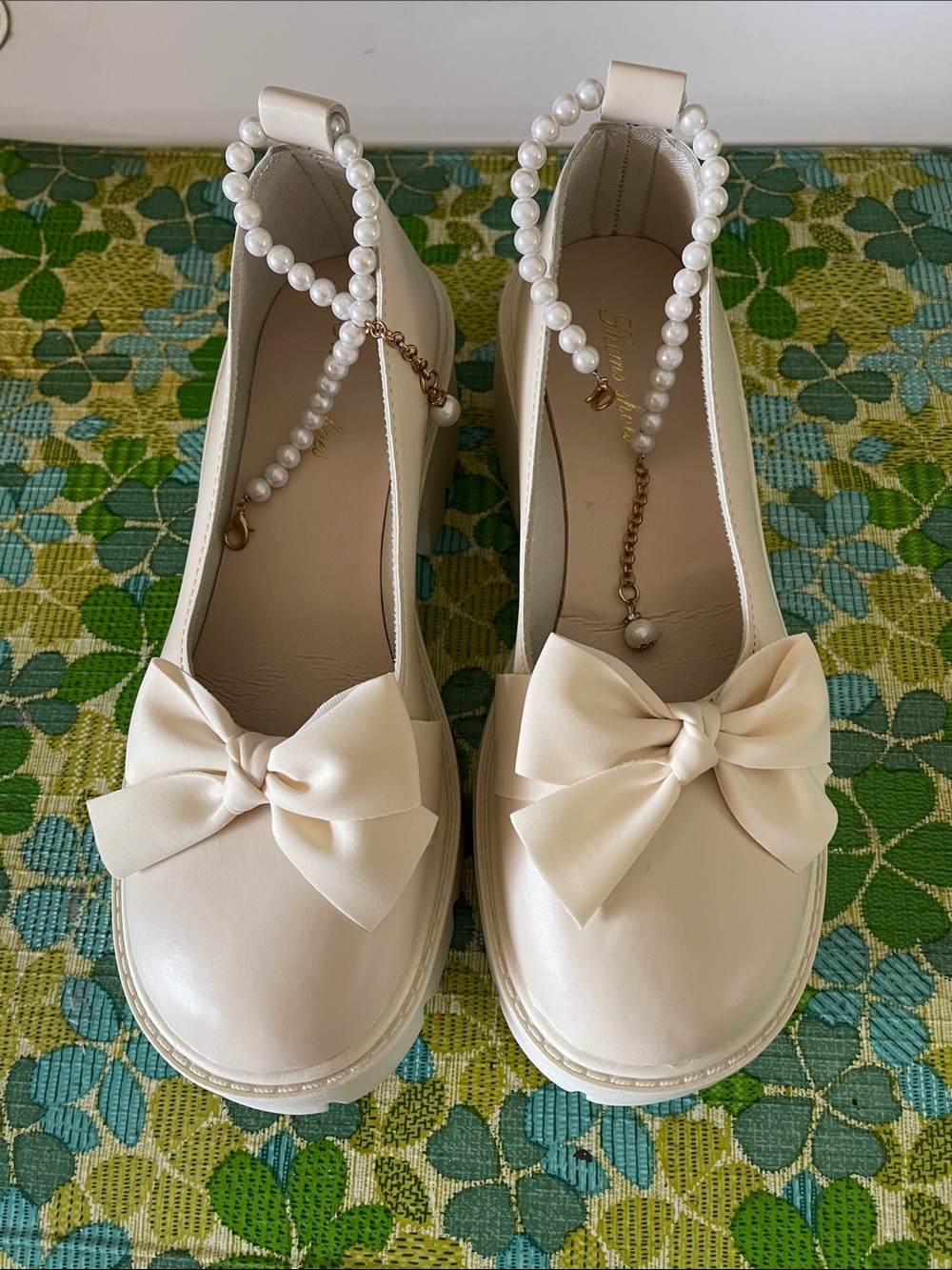 Bow-Accent Pearl Ankle Strap Loafers — Cream Women’s Shoes